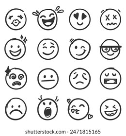 Emojis faces icon in hand drawn style. Doddle emoticons vector illustration on isolated background. Happy and sad face sign business concept.