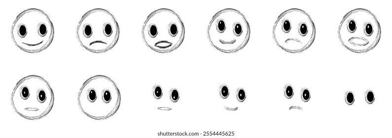 Emojis faces icon in hand drawn style. Hand-drawn emotion icons. Vector emotion icons. 12 different emojis (black outline) vector type. Emoji icon drawing with brush srock. Happy and sad face sign