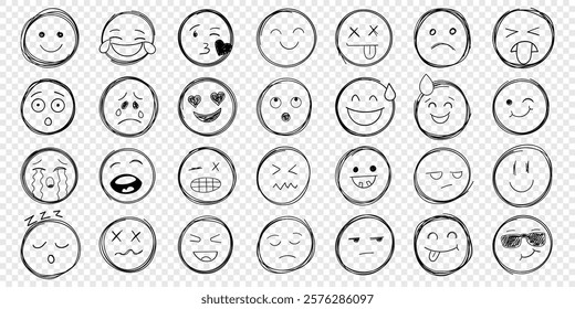 Emojis faces icon in hand drawn style. Doddle emoticons vector illustration on isolated background. Happy and sad face sign business concept.