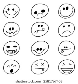 Emojis faces icon in hand drawn style. Doddle emoticons vector illustration on isolated background. Happy and sad face sign business concept.