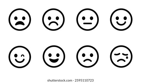 Emojis faces icon in hand drawn style. Doddle emoticons vector illustration on isolated background. Happy and sad face sign business concept, Simple Minimal Pictogram.