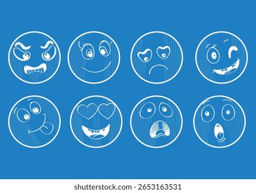 Emojis faces icon in hand drawn style. Doddle emoticons vector illustration on isolated background. Happy and sad face sign business concept.