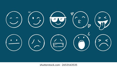 Emojis faces icon in hand drawn style. Doddle emoticons vector illustration on isolated background. Happy and sad face sign business concept.