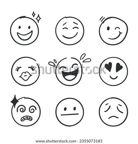 Emojis faces icon in hand drawn style. Doddle emoticons vector illustration on isolated background. Happy and sad face sign business concept.