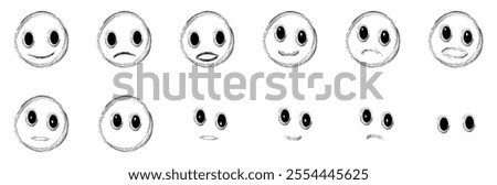 Emojis faces icon in hand drawn style. Hand-drawn emotion icons. Vector emotion icons. 12 different emojis (black outline) vector type. Emoji icon drawing with brush srock. Happy and sad face sign