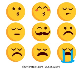 Emojis flat emoticon vector set. Emoticons characters in kissing, crying and sad mood expressions isolated in white background for emoji character design. Vector illustration.
