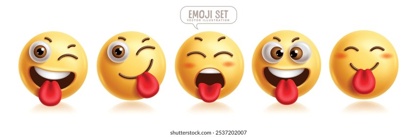 Emojis divertidos personajes de emoticonos 3d conjunto de Vectores. Emoji emociones expresión facial en colección de personajes de cara feliz, traviesa, alegre, sonriente, fresca, juguetona y guiñando el ojo. Emojis de Ilustración vectorial