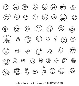 Emojis, hand drawn, irregular shapes made with marker pen. Vector illustration of different facial expressions: joy, anger, sadness, happiness. Free-hand drawing.