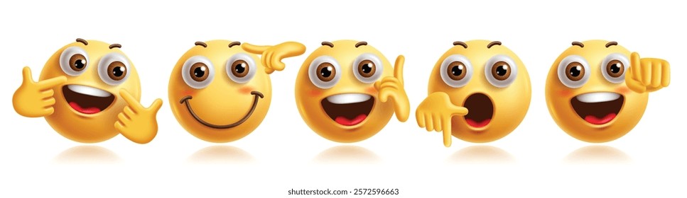 Emojis hands clipart characters set. Emoji pointing finger, up, down, signal, gesture, funny, happy and enjoy facial expression yellow graphic elements. Vector illustration hands gesture emoticons 