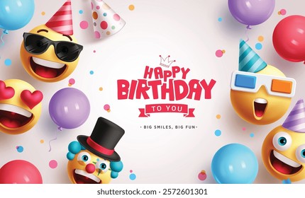 Emojis happy birthday clipart background. Happy birthday greeting text with funny and smiling emoji face characters for wishes party design. Vector illustration emoticons invitation card clip art. 
