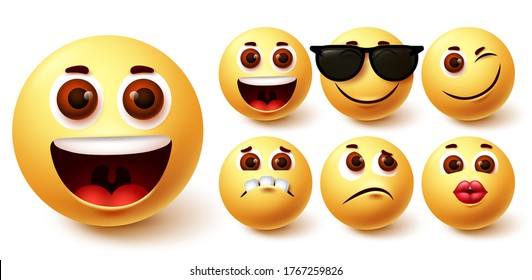 Emojis feliz conjunto de vectores. Emoji linda cara amarilla en diferentes expresiones faciales como feliz, beso, triste, travieso y extraño para el diseño de la colección de avatares de medios sociales. Ilustración del vector  
