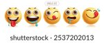 Emojis hungry 3d emoticon characters vector set. Emoticons facial expression in yummy, delicious, tasty, starving, lick and happy cute face character graphic elements. Vector illustration emojis