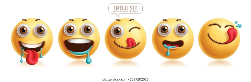 Emojis hambrientos personajes de emoticonos 3d conjunto de Vectores. Emoticonos de expresión facial en deliciosos, deliciosos, sabrosos, hambrientos, lick y felices Elementos gráficos de personajes de cara linda. Emojis de Ilustración vectorial