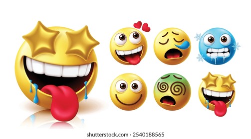 Emojis cara hambrienta emoticon conjunto de Vectores. Emoticonos deliciosos, hambrientos y lamen emojis con enamorados, estornudos, frío, sonrisa, caras mareadas y hambrientas colección de íconos amarillos. Emojis de Ilustración vectorial hambrientos 