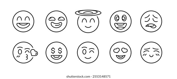 Emojis icons. Set of 10 trendy minimal emoji icons. Example: Happy, Wink, Love Eyes, Halo, Happy emoji. Design signs for social media, messaging apps, and web design. Vector illustration