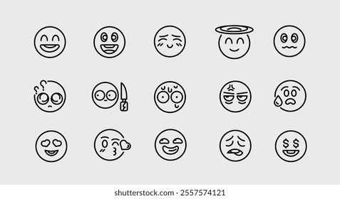 Emojis icons. Set of 15 trendy minimal emoji icons. Example: Happy, Wink, Love Eyes, Halo, Knife emoji. Design signs for social media, messaging apps, and web design. Vector illustration