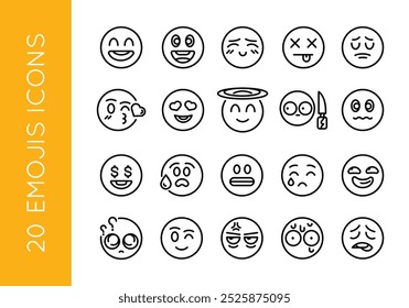 Emojis-Symbole. Set von 20 trendigen minimalen Emoji-Icons. Beispiel: Happy, Wink, Love Eyes, Halo, Knife Emoji. Designzeichen für Social Media, Messaging-Apps und Webdesign. Vektorgrafik