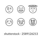 Emojis icons. Set of 6 trendy minimal emoji icons. Example: Happy, Wink, Love Eyes, Halo, Smile emoji. Design signs for social media, messaging apps, and web design. Vector illustration