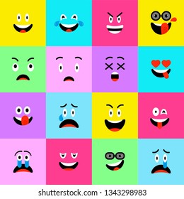 Emojis icons Set flat style. Cute Emoticons square icons. Funny, Cheerful and Sad Faces. Smiles colorful pattern. For mobile keyboard app, messenger. Expressive cartoon avatar. Vector illustration