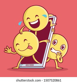 Emojis jumping of a Smartphone vector illustration. Technology, communication, social media design concept