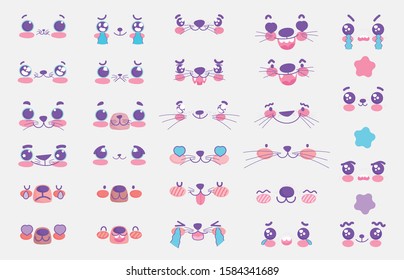 emojis kawaii cartoon comic animals faces set vector illustration
