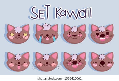 emojis kawaii cartoon faces brown cat set. vector illustration.