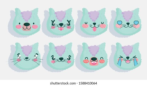 emojis kawaii cartoon faces. funny cat set. vector illustration.