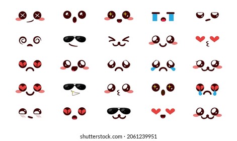 Juego de vectores de caracteres Emojis kawaii. Emoticon lindo chibi emoji caricatura en feliz kawaii cara colección de reacciones aisladas en fondo blanco para expresión facial diseño de doodle art. Ilustración del vector