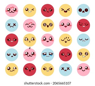 Juego de vectores de caracteres Emojis kawaii. Emoticon lindo emoticono de dibujos animados con coloridas caras y expresión de felicidad, triste y enojado por el diseño de la colección de emoticonos kawaii chibis. Ilustración vectorial.
