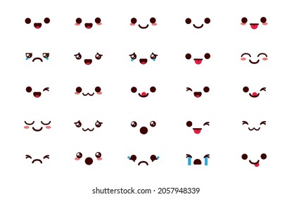 Emojis kawaii chibi conjunto de vectores. Emoticon lindo dibujo animado en la cara feliz reacción y emoción aislado en el fondo blanco para el diseño de la colección de dibujos de caricaturas kawaii. Ilustración vectorial.
