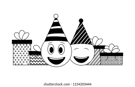 emojis kawaii with hat party and gift boxes present
