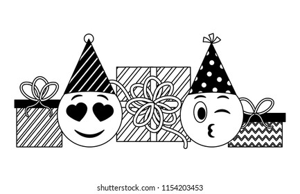 emojis kawaii with hat party and gift boxes present