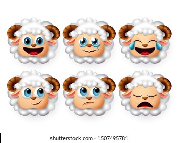 Emojis lamb vector set. Emoticon and icon of sheeps and lambs head face with curly white hair in mood of sleeping and crying isolated in white background. Vector illustration 3d realistic.