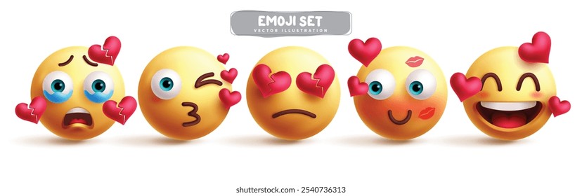 Emojis personajes de amor emoticon conjunto de Vectores. Emoji 3d personaje como en el amor, corazón roto, rubor, beso y Elementos gráficos románticos felices en el fondo blanco. Ilustración vectorial amor amarillo emoticono