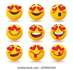 Los emoticones adoran el conjunto de vectores de caracteres. Personaje de emoticonos de San Valentín en expresión facial amorosa con elementos de ojos del corazón aislados en fondo blanco para el diseño romántico de colección de emojis. 