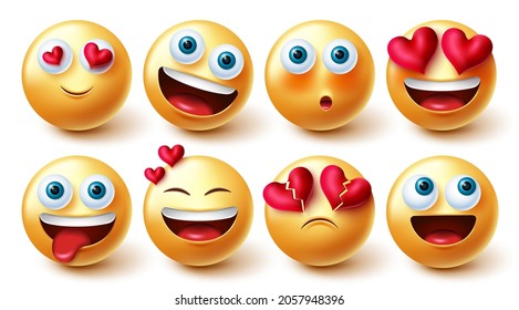 Emojis in love vector set. 3d love emoji characters with hearts element in smiling and blushing face expression for cute valentines emoticons graphic design collection. Vector illustration.
