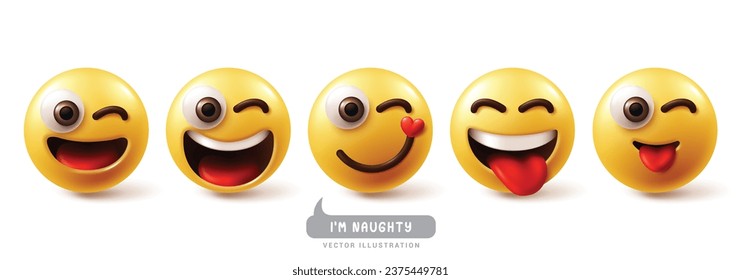 Emojis naughty emoticon characters vector set. Emoji emotions facial expression in happy, funny, joyful, smiling and winking face character collection. Vector illustration emojis naughty icon 