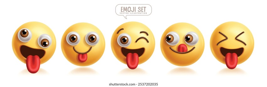 Emojis conjunto de vetores de caracteres emoticon impertinentes. Emoji 3d personagem em feliz, engraçado, alegre, sorridente e piscando expressão facial coleção de elementos gráficos. Ícone travesso de emoticons de ilustração de vetor