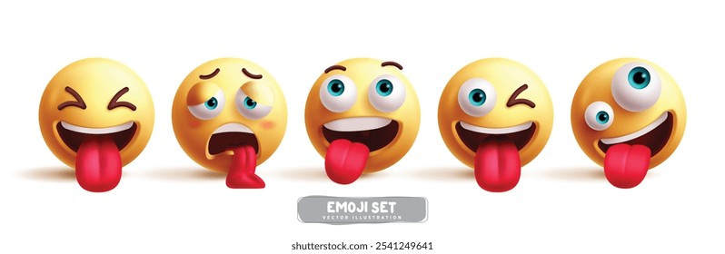 Conjunto de Vectores de personajes de emoticonos traviesos de emojis. Emoticonos expresión facial en divertido, cansado, feliz, guiño, y enérgico carácter de emojis amarillos caras redondas colección. Ilustración vectorial