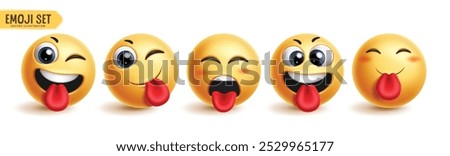 Emojis naughty emoticon characters vector set. Emoji emotions facial expression in happy, funny, joyful, smiling and winking face character collection. Vector illustration emojis naughty icon 