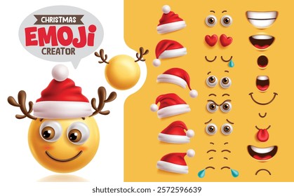 Emojis reindeer creation kit clipart set. Christmas emoji reindeer character with smiling happy face, head, eyes, mouth and red hat collection for facial expression mock up. Vector illustration 