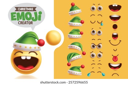 Emojis santa claus creation kit clipart set. Christmas emoji character with laughing happy face, eyes, mouth and green hat collection for facial expression mock up. Vector illustration santa claus