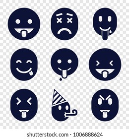 Emojis set of 9 editable filled  icons such as smile, mad, party