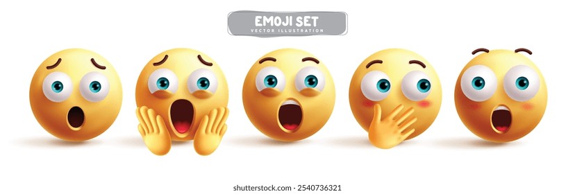 Emojis shock emoticon characters vector set. Emoji 3d character in sad, depressed, stress, surprise, scared and fear facial expression in white background. Vector illustration shocked yellow emoticons