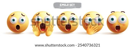 Emojis shock emoticon characters vector set. Emoji 3d character in sad, depressed, stress, surprise, scared and fear facial expression in white background. Vector illustration shocked yellow emoticons