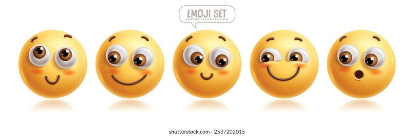 Emojis shy 3d emoticon caracteres conjunto vetor. Emoticons expressão facial em feliz, rubor, sorridente, alegre, contente e bonito rosto elementos gráficos de personagem. Ícone tímido de emojis de ilustração de vetor 