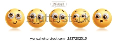 Emojis shy 3d emoticon characters vector set. Emoticons facial expression in happy, blush, smiling, cheerful, contented and cute face character graphic elements. Vector illustration emojis shy icon 