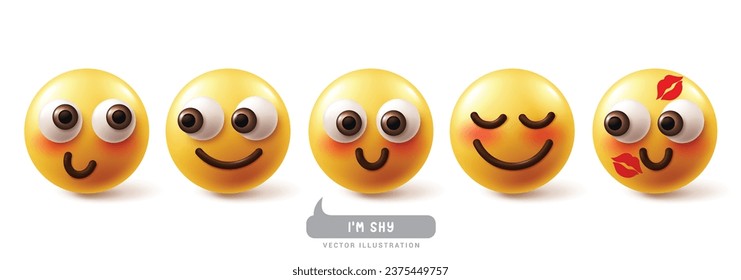 Emojis shy emoticon characters vector set. Emoji emoticons facial expression in in love, happy, blush, smiling and kissed face character collection. Vector illustration emojis shy icon collection. 
