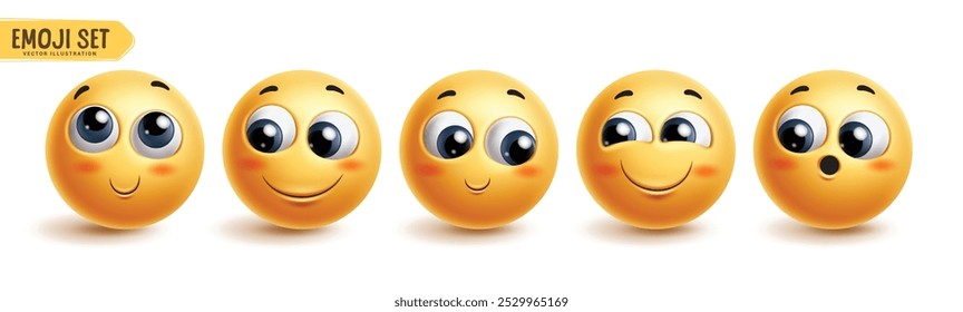 Emojis conjunto de vetores de caracteres emoticon tímidos. Emoji emoticons expressão facial em feliz, rubor, sorrindo, alegre e otimista cara coleção de personagens. Coleção de ícones tímidos de emojis de ilustração de vetor