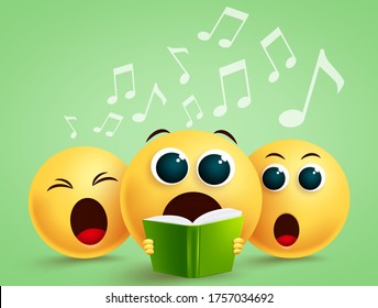 Emojis Singing Choir Vector Design. Emoji With Yellow Funny Faces Holding Song Book Singing In Choir. Vector Illustration.